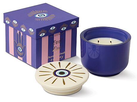 CHARMED KUTULU MAVİ CAM MUM EVIL EYE CERAMIC/INCENSE&SMOKE 226 gr. - CHARMED BLUE GLASS CANDLE WITH EVIL EYE CERAMIC/INCENSE&SMOKE - 1